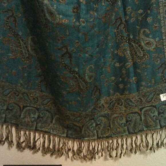 Teal Paisley Pashmina Silk Blend Scarf Shawl Wrap Boho Fringe 60โ - Picture 5 of 7